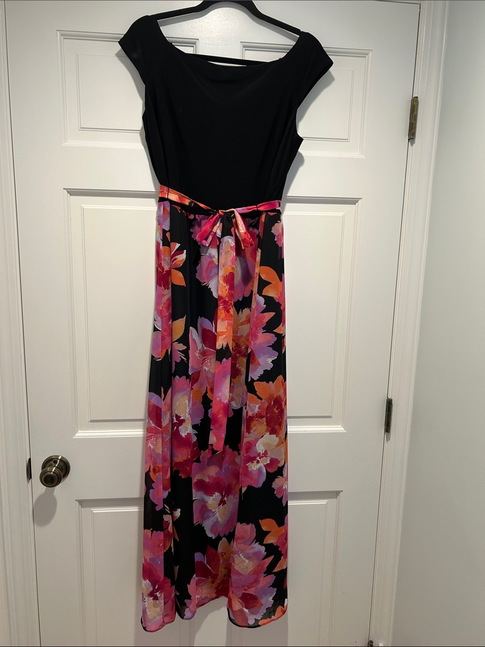 SLNY Black Maxi Dress with Pink and Orange Floral Skirt